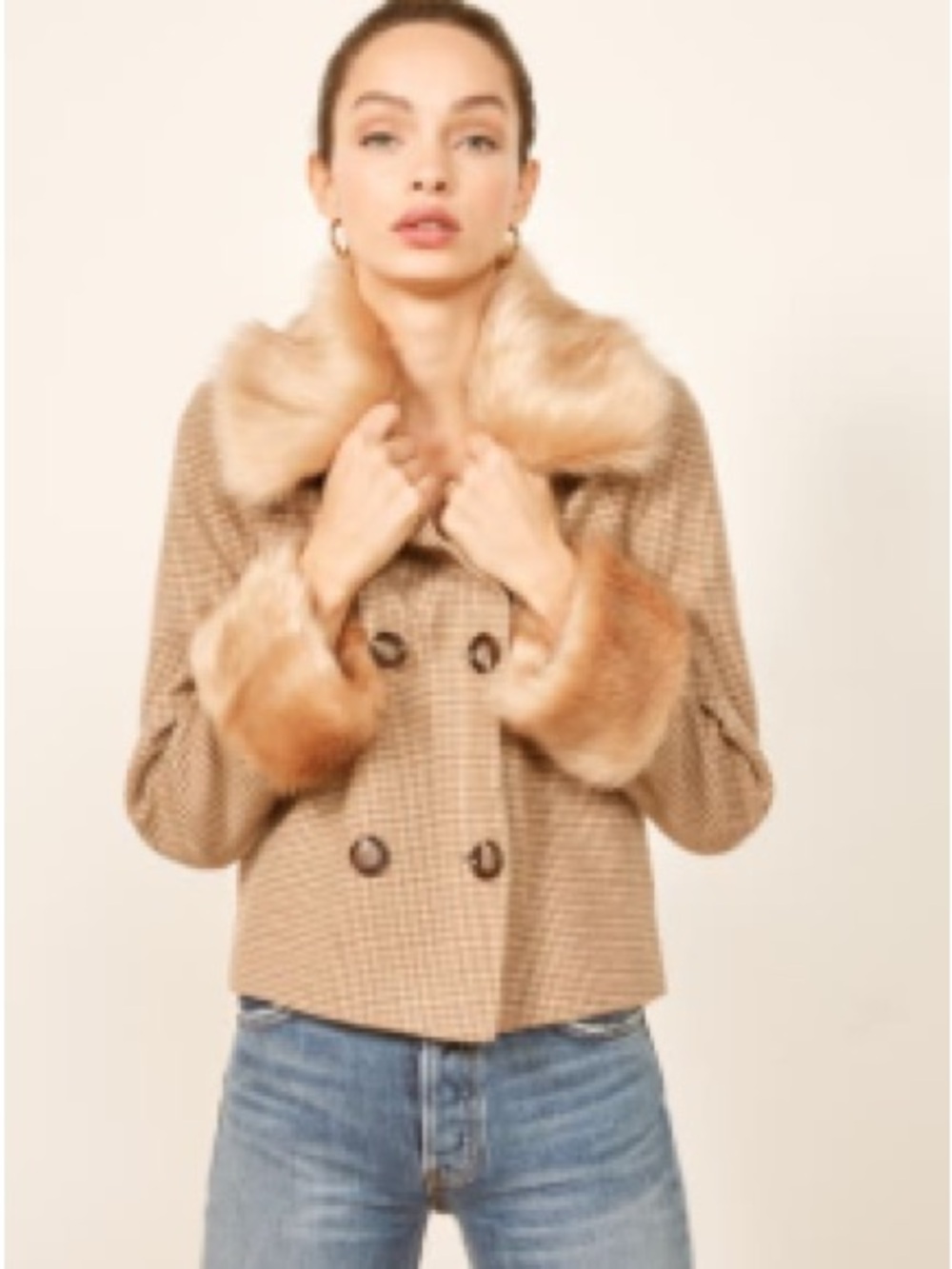 REFORMATION Camel Tweed Peacoat with Faux Fur Collar